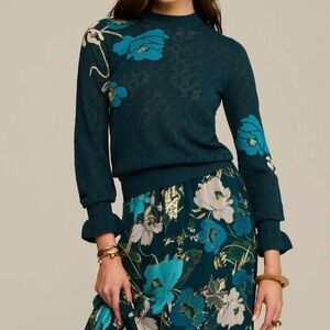 NWT Figue Patricia Sweater in Blooming Floral Peacock Teal Blue Women's size XL